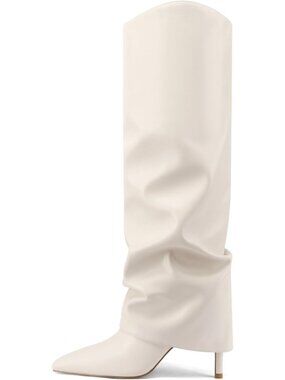 Women's Beige Fold Over Knee High Boots Pointed Toe Slouch Long Boots Stilettos